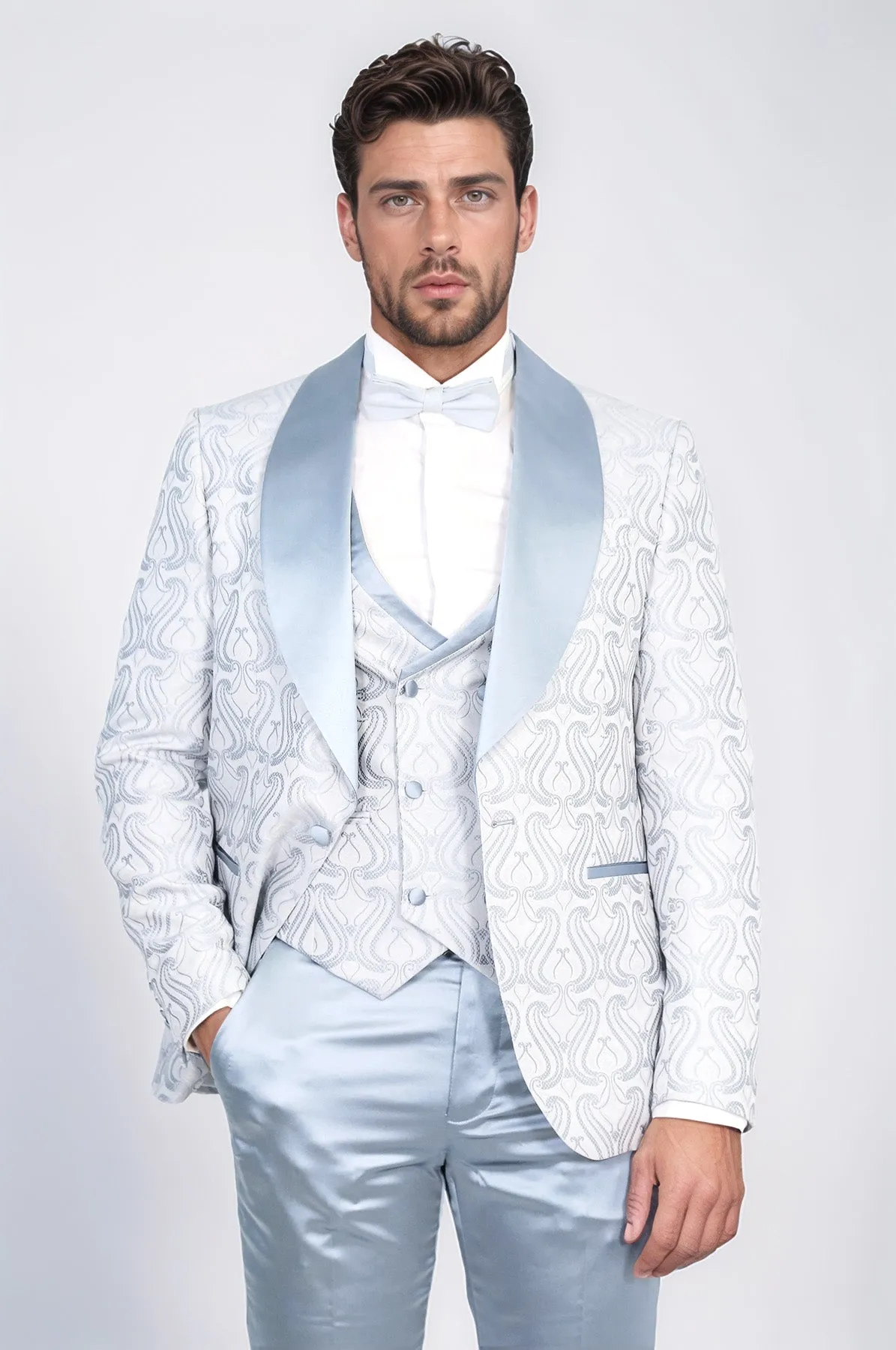 Wavy Patterned Shawl Collar Vested Ice Blue Tuxedo - Wessi sold by Wessi