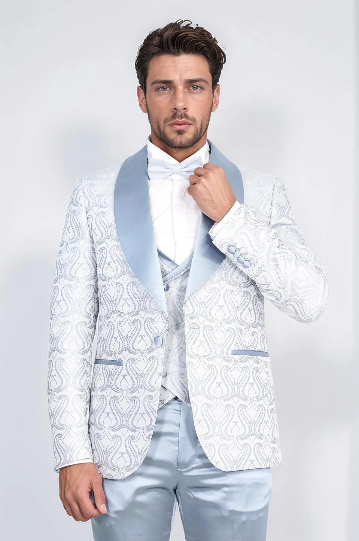 Wavy Patterned Shawl Collar Vested Ice Blue Tuxedo - Wessi sold by Wessi product image thumbnail 5