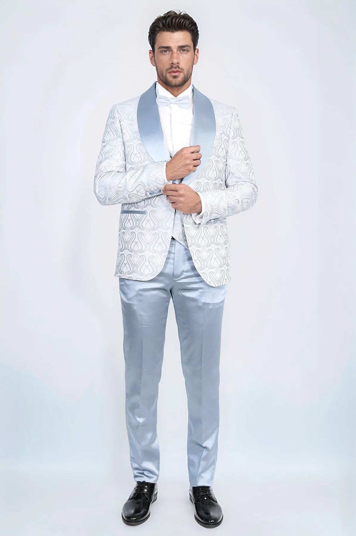 Wavy Patterned Shawl Collar Vested Ice Blue Tuxedo - Wessi sold by Wessi product image thumbnail 4