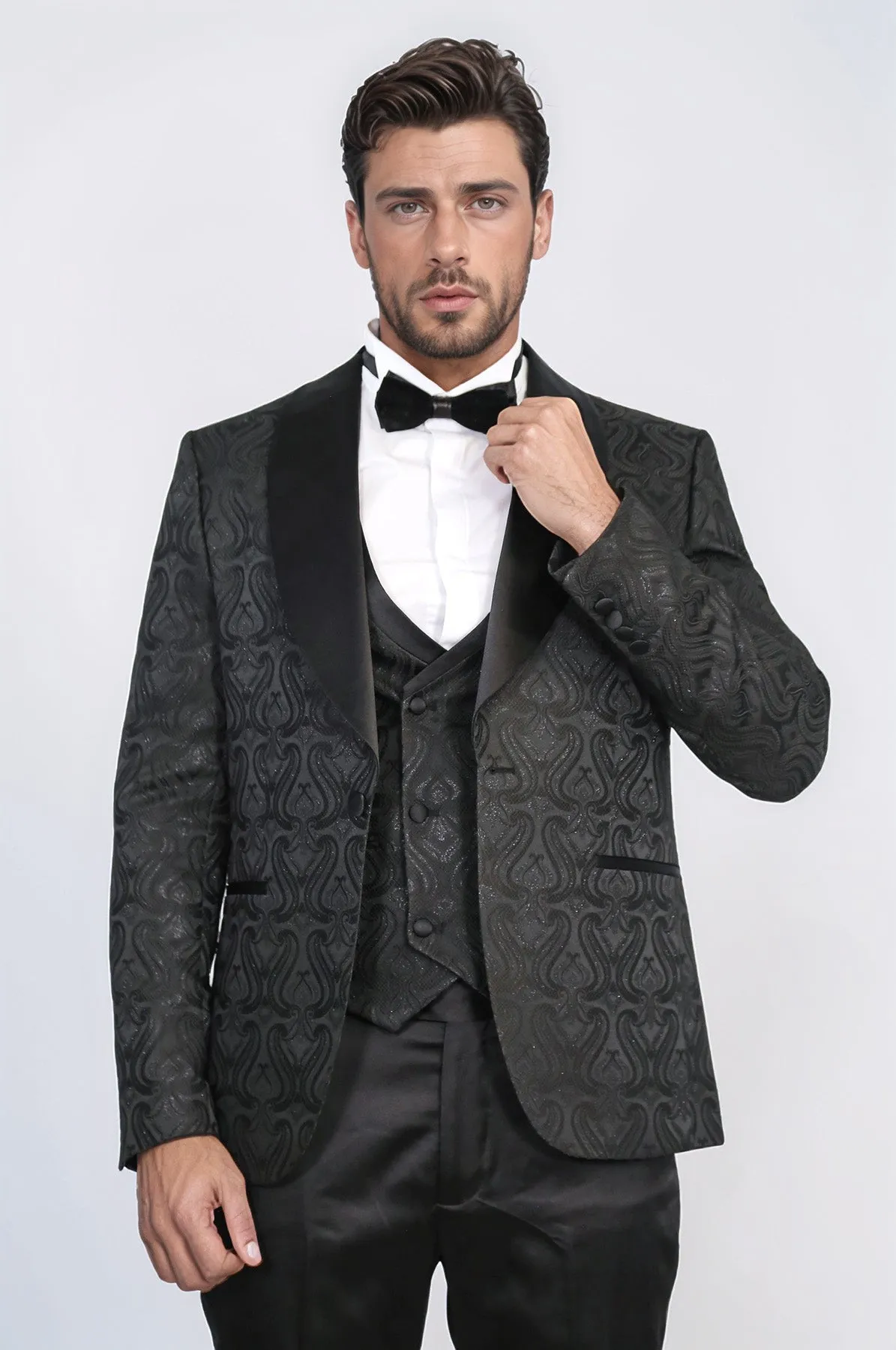 Wavy Patterned Shawl Collar Vested Black Tuxedo - Wessi sold by Wessi product image thumbnail 5