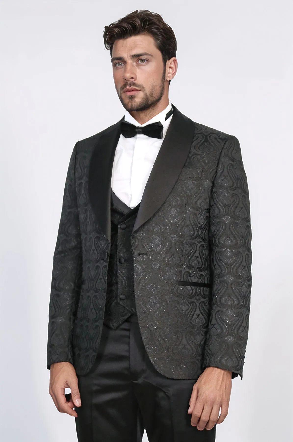 Wavy Patterned Shawl Collar Vested Black Tuxedo - Wessi sold by Wessi product image thumbnail 3