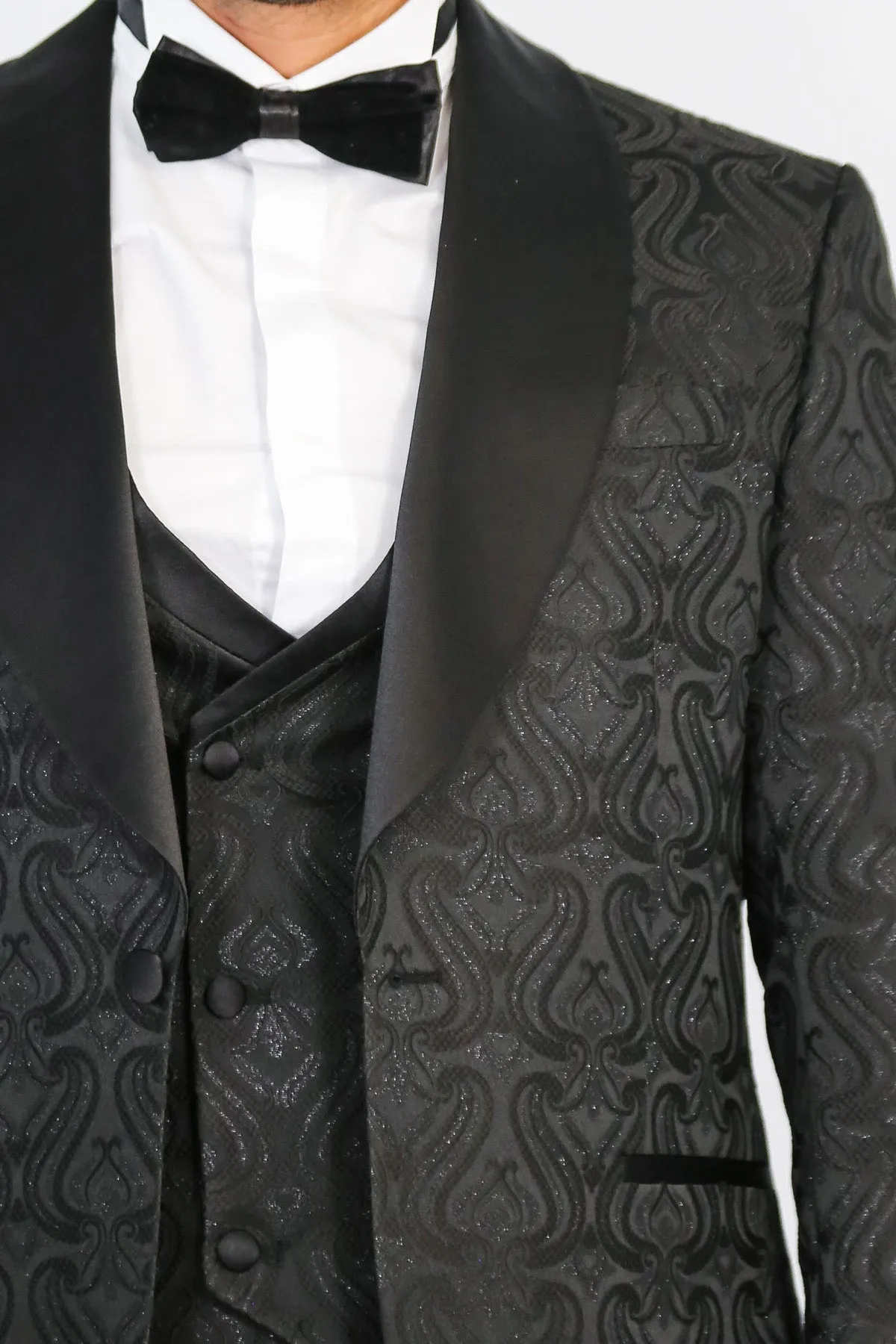 Wavy Patterned Shawl Collar Vested Black Tuxedo - Wessi sold by Wessi product image thumbnail 2