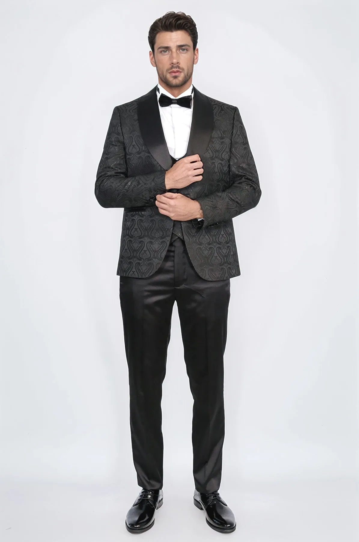 Wavy Patterned Shawl Collar Vested Black Tuxedo - Wessi sold by Wessi product image thumbnail 4