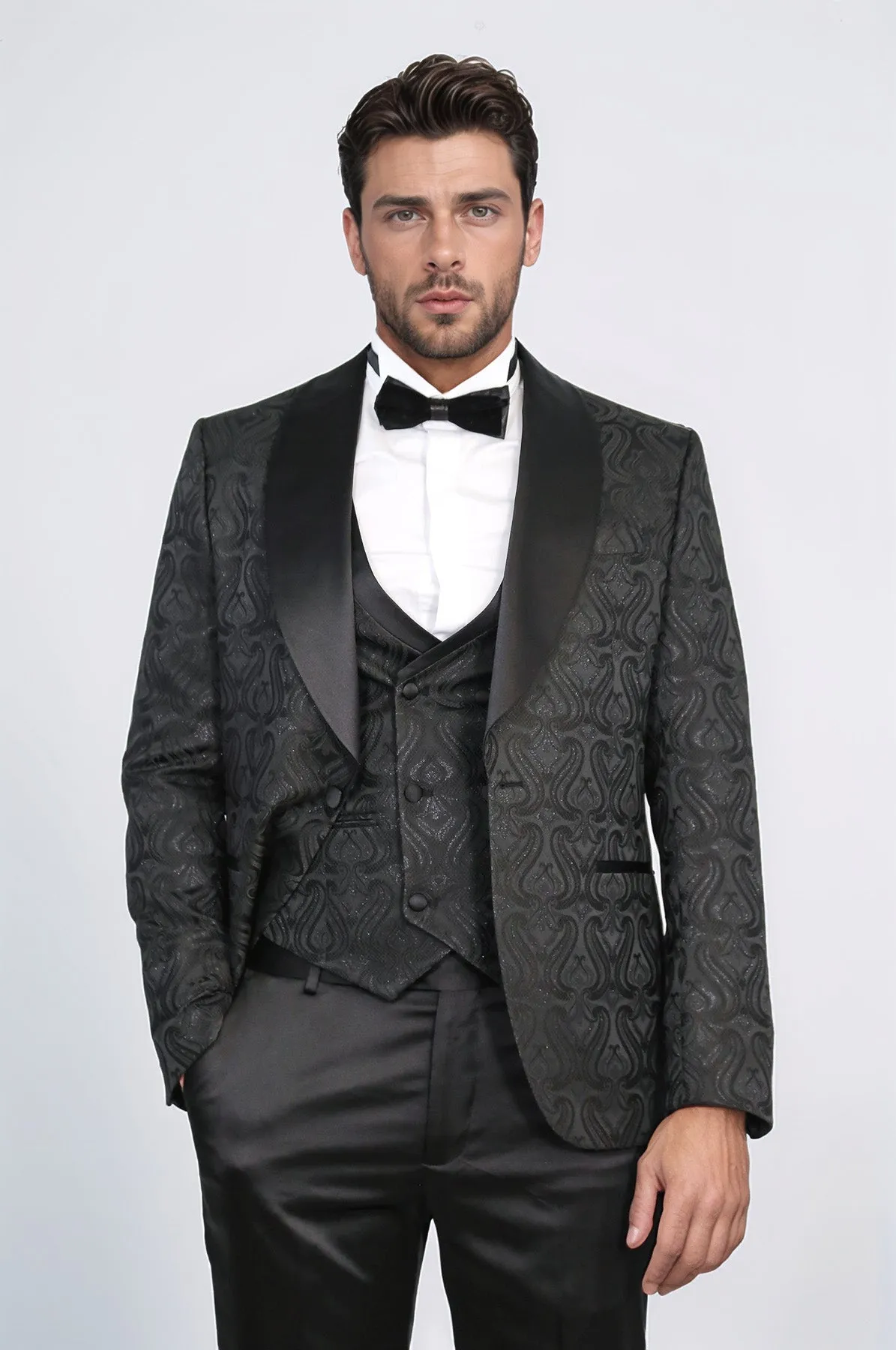 Wavy Patterned Shawl Collar Vested Black Tuxedo - Wessi sold by Wessi