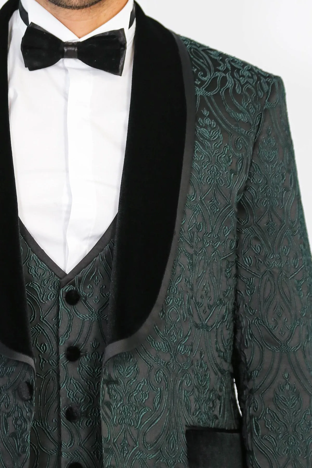 Baroque Patterned Velvet Shawl Collar Vested Green Tuxedo - Wessi sold by Wessi product image thumbnail 3