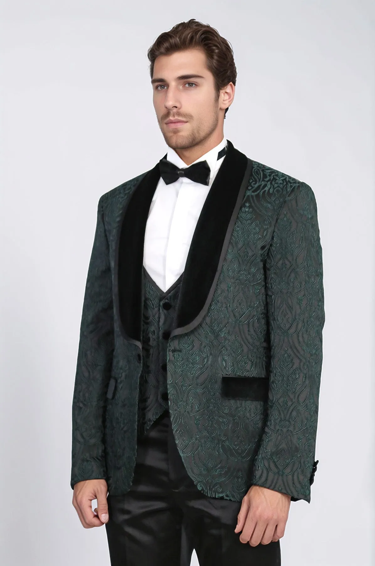 Baroque Patterned Velvet Shawl Collar Vested Green Tuxedo - Wessi sold by Wessi product image thumbnail 2
