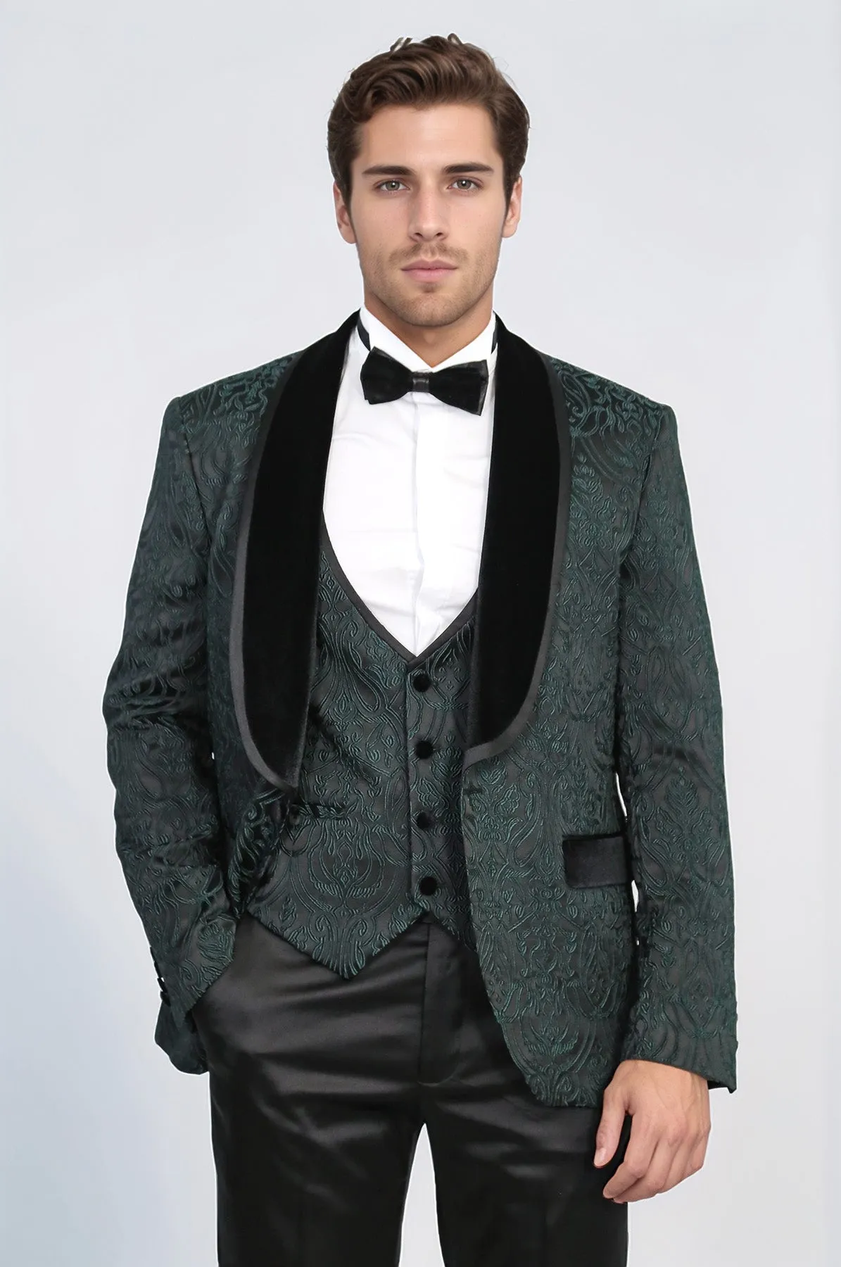 Baroque Patterned Velvet Shawl Collar Vested Green Tuxedo - Wessi sold by Wessi