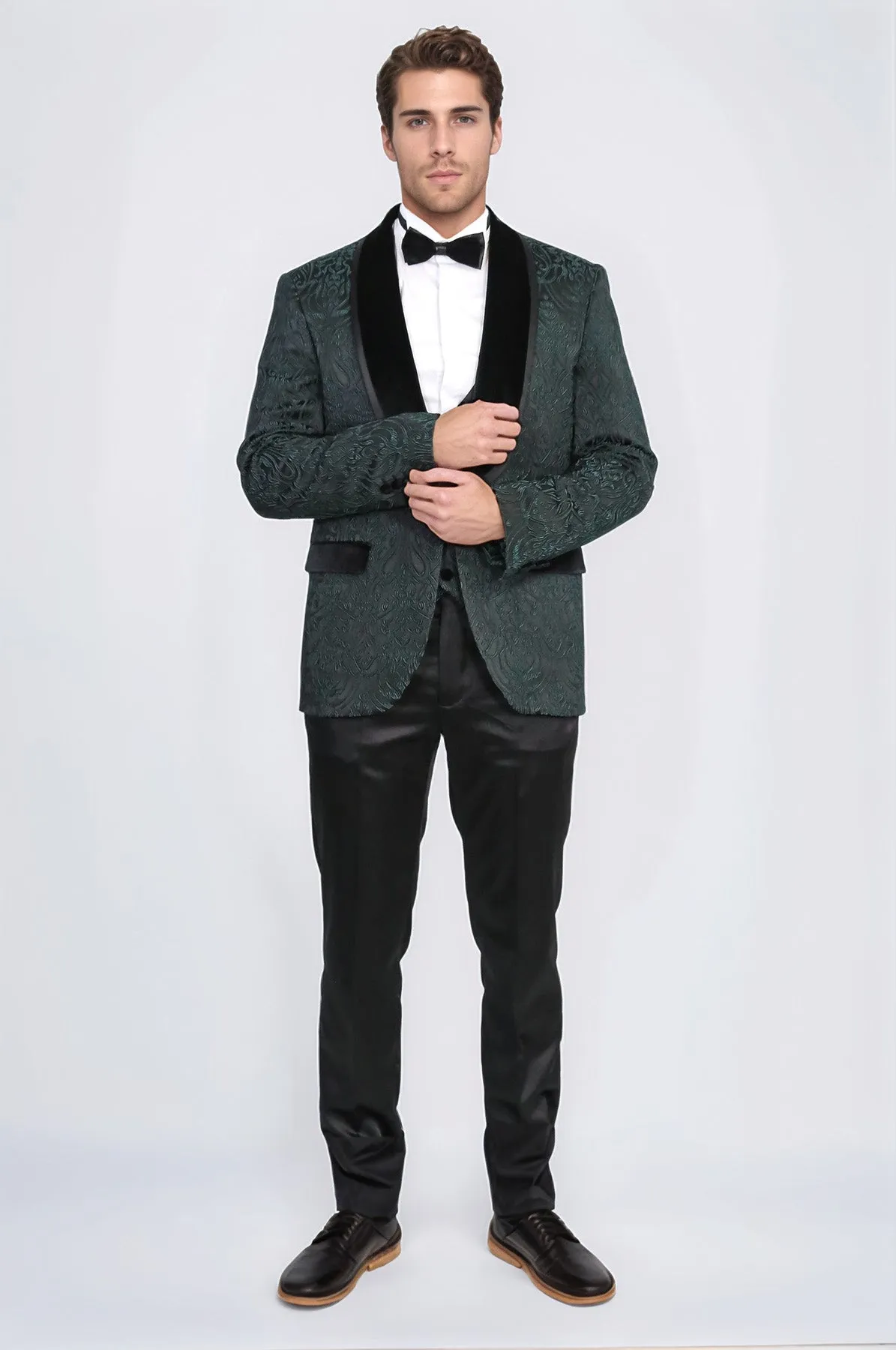 Baroque Patterned Velvet Shawl Collar Vested Green Tuxedo - Wessi sold by Wessi product image thumbnail 4
