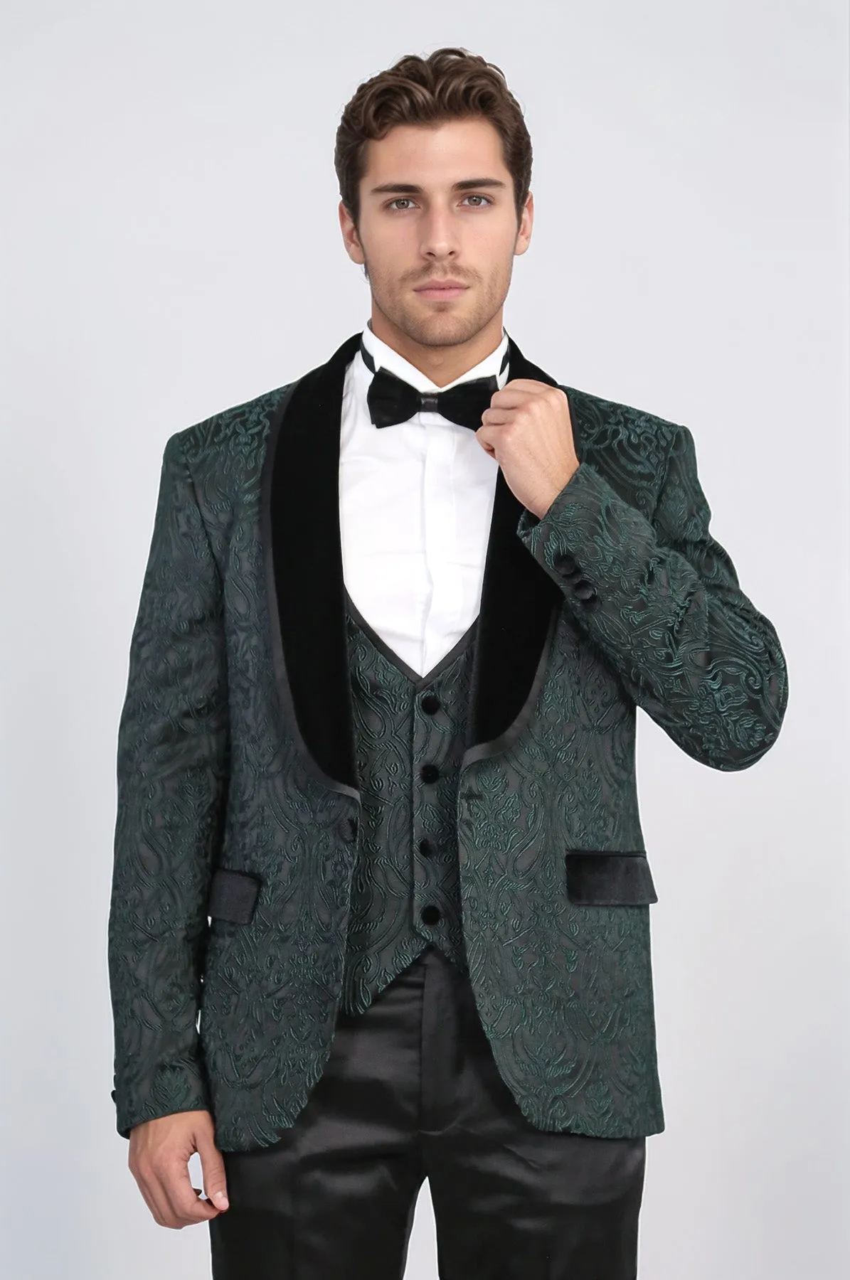 Baroque Patterned Velvet Shawl Collar Vested Green Tuxedo - Wessi sold by Wessi product image thumbnail 5