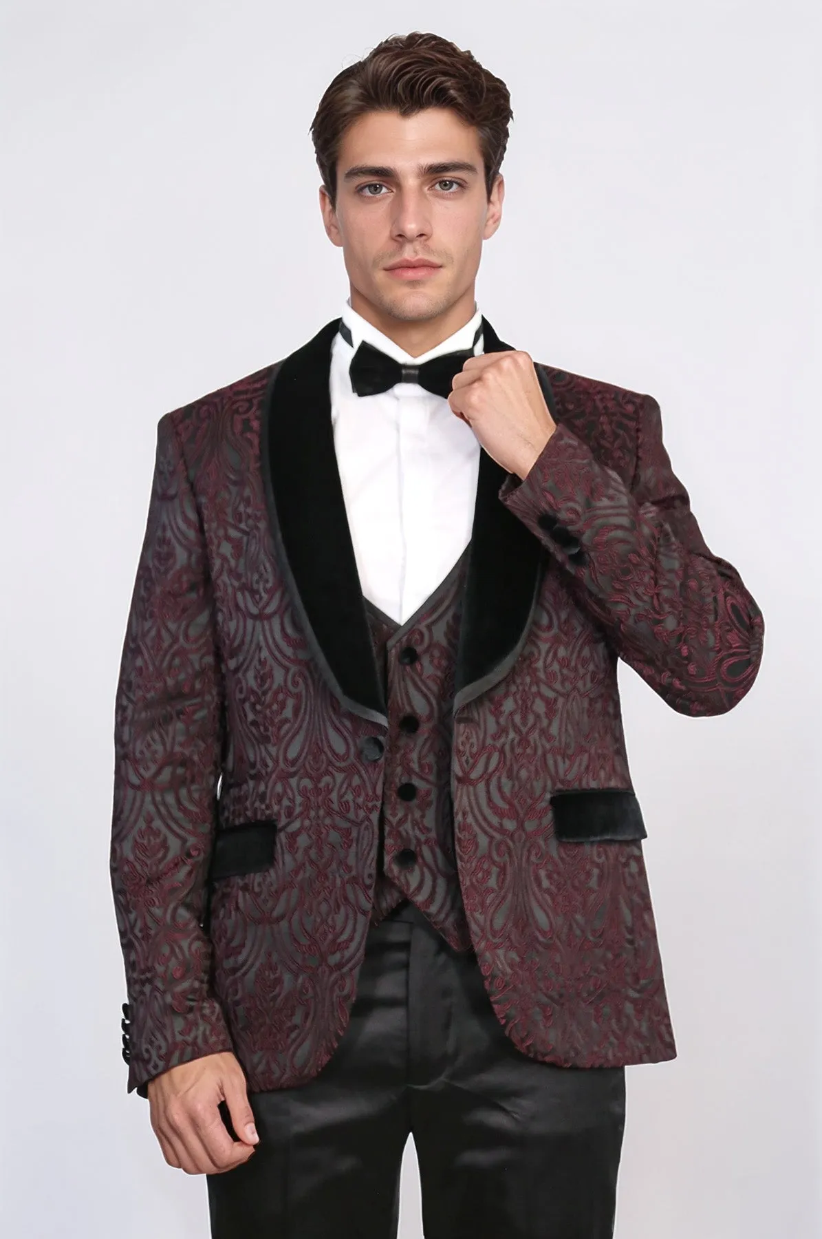 Baroque Patterned Velvet Shawl Collar Vested Burgundy Tuxedo - Wessi sold by Wessi product image thumbnail 5