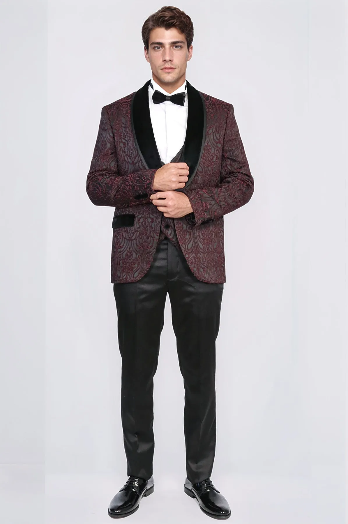 Baroque Patterned Velvet Shawl Collar Vested Burgundy Tuxedo - Wessi sold by Wessi product image thumbnail 4