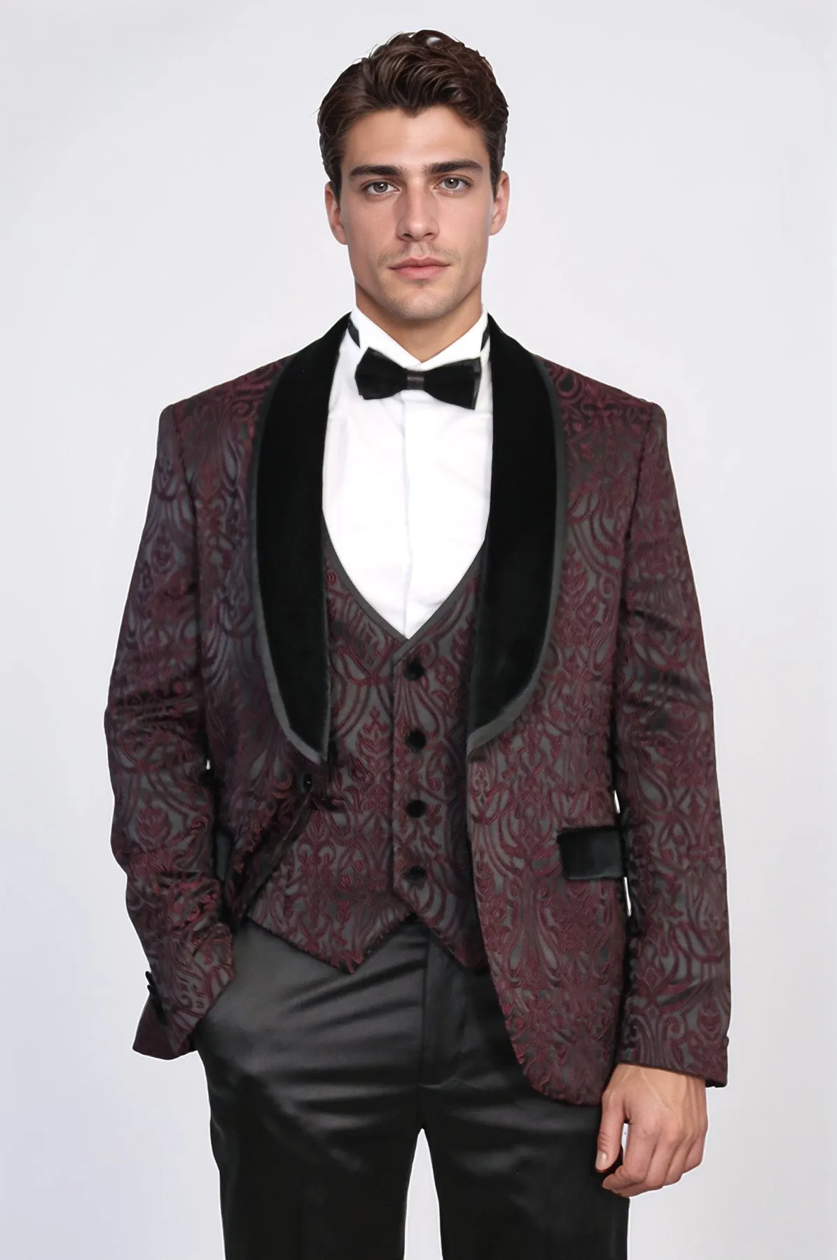 Baroque Patterned Velvet Shawl Collar Vested Burgundy Tuxedo - Wessi sold by Wessi
