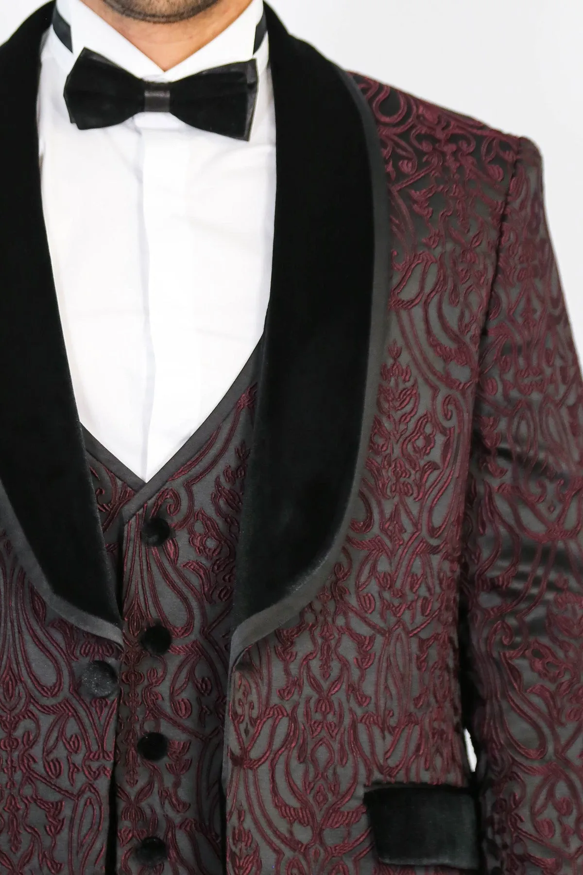 Baroque Patterned Velvet Shawl Collar Vested Burgundy Tuxedo - Wessi sold by Wessi product image thumbnail 2