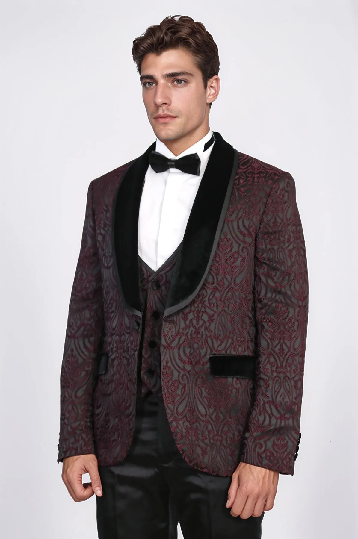 Baroque Patterned Velvet Shawl Collar Vested Burgundy Tuxedo - Wessi sold by Wessi product image thumbnail 3