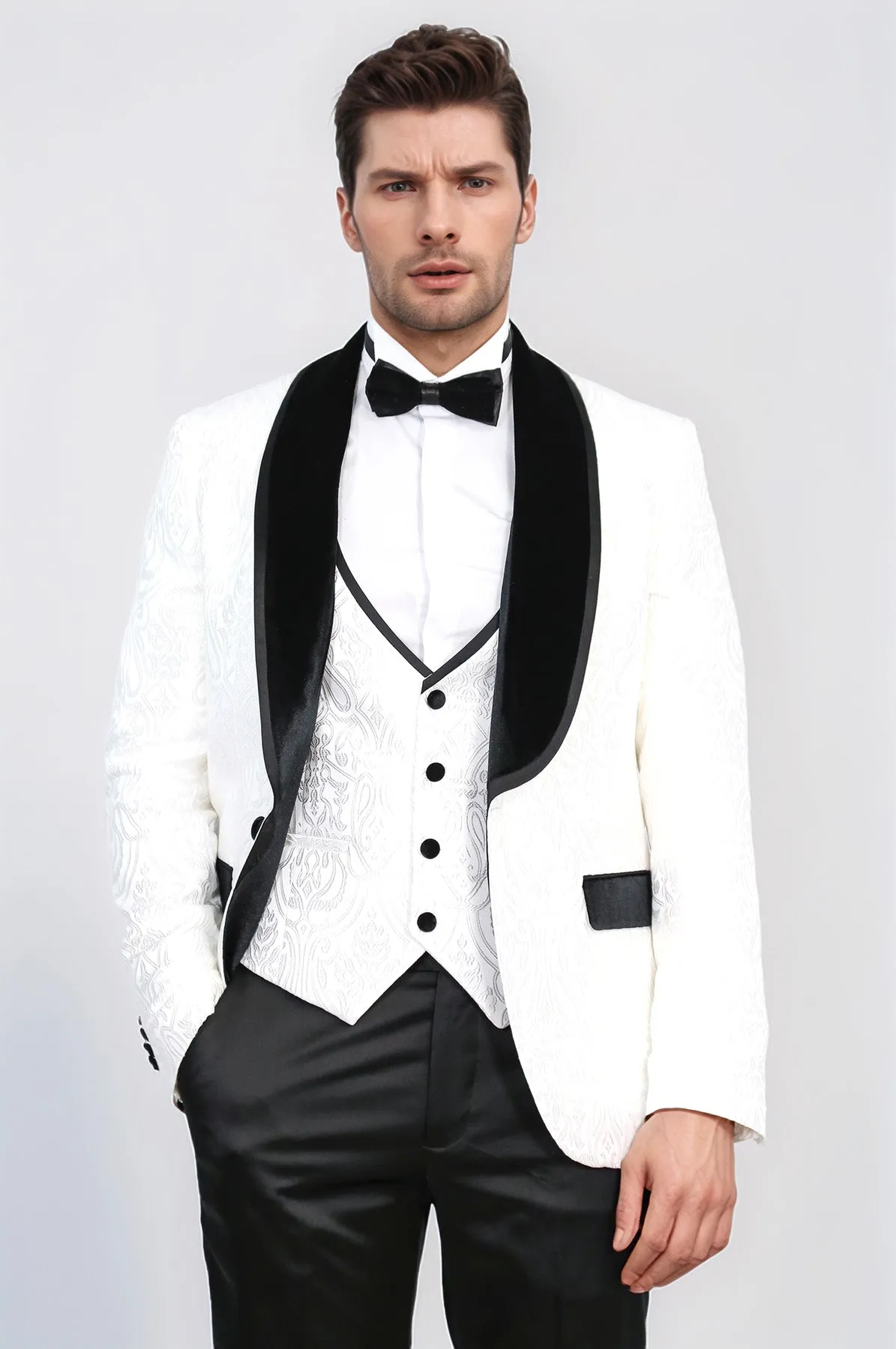 Baroque Patterned Velvet Shawl Collar Vested White Tuxedo - Wessi sold by Wessi