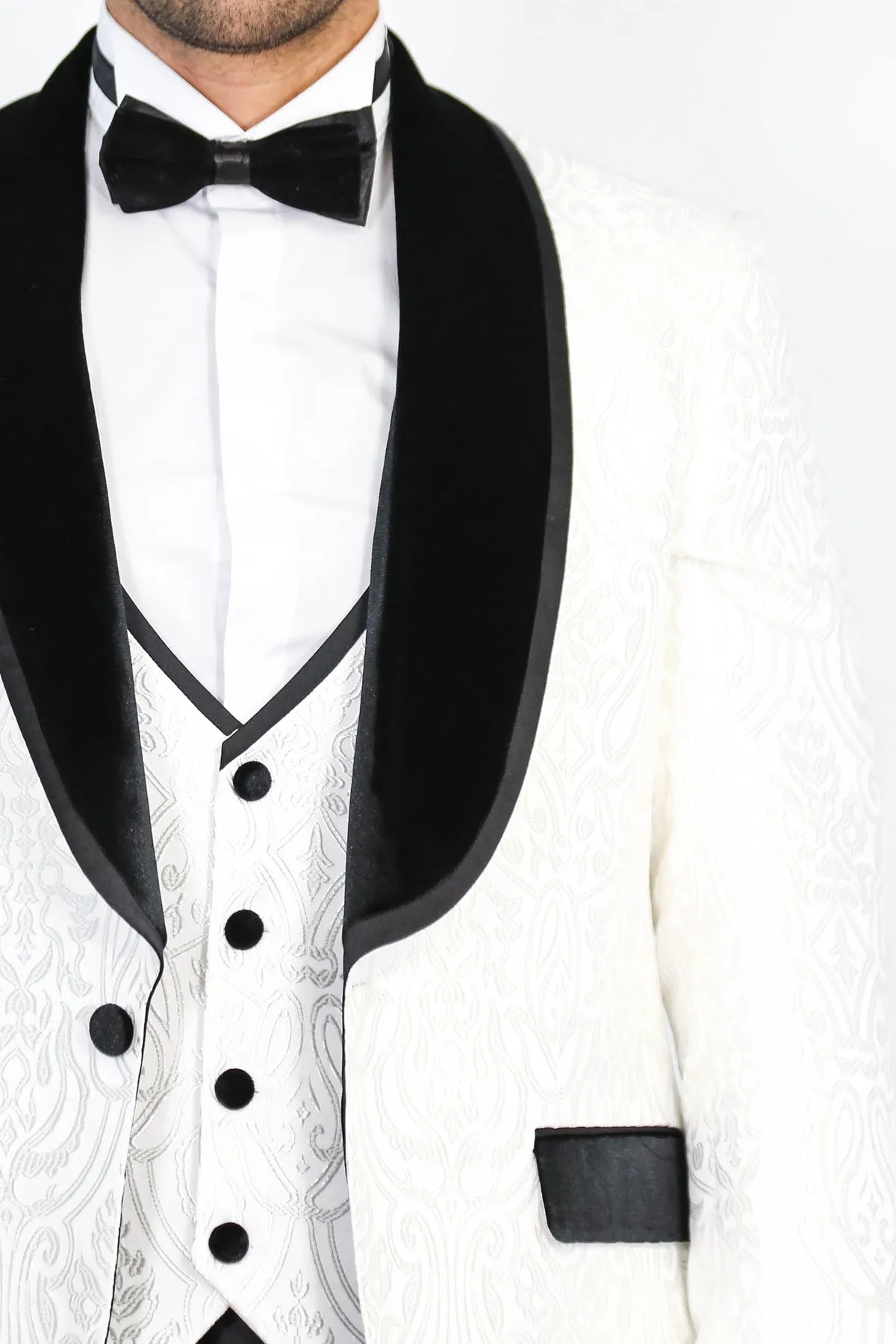 Baroque Patterned Velvet Shawl Collar Vested White Tuxedo - Wessi sold by Wessi product image thumbnail 2