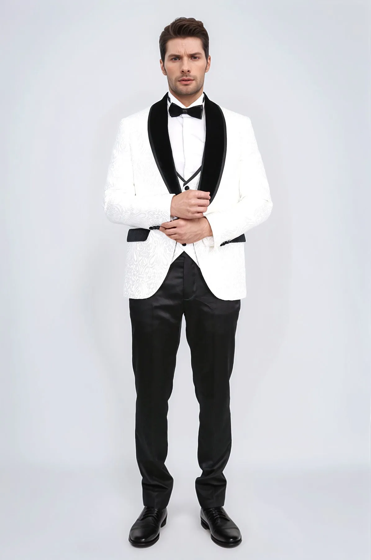 Baroque Patterned Velvet Shawl Collar Vested White Tuxedo - Wessi sold by Wessi product image thumbnail 3