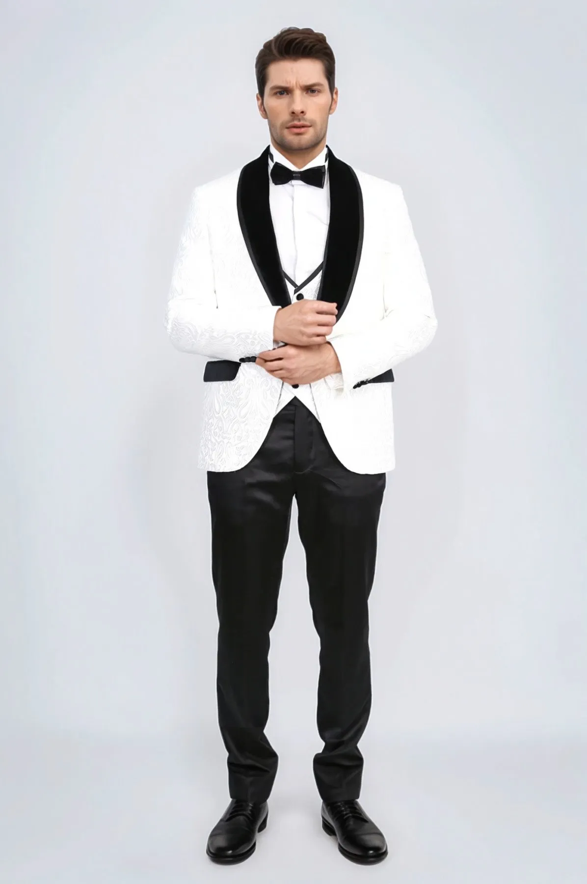 Baroque Patterned Velvet Shawl Collar Vested White Tuxedo - Wessi sold by Wessi product image thumbnail 5