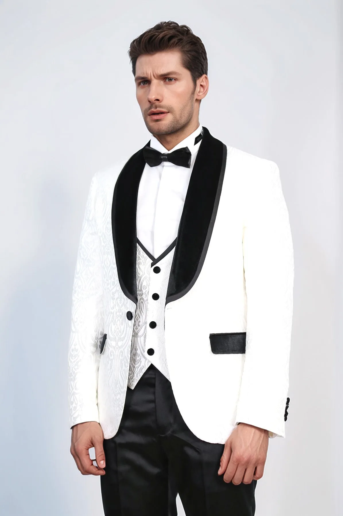 Baroque Patterned Velvet Shawl Collar Vested White Tuxedo - Wessi sold by Wessi product image thumbnail 4