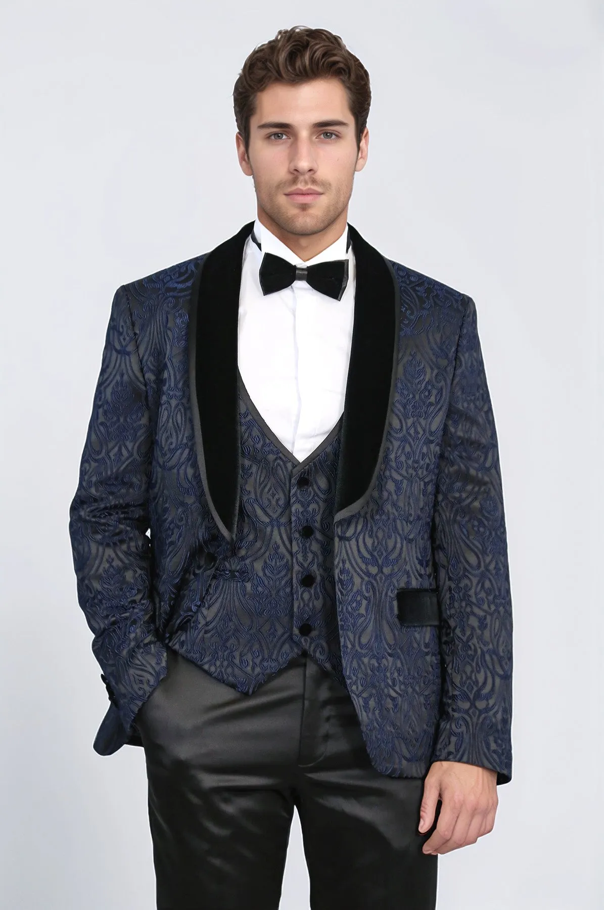 Baroque Patterned Velvet Shawl Collar Vested Navy Blue Tuxedo - Wessi sold by Wessi