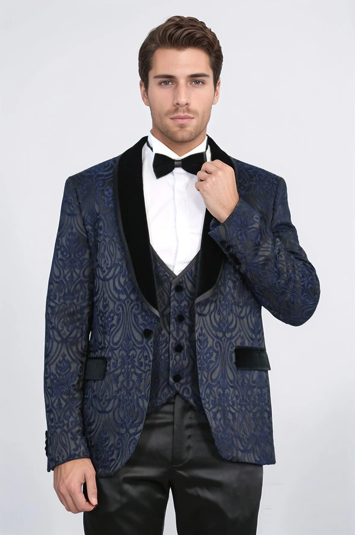 Baroque Patterned Velvet Shawl Collar Vested Navy Blue Tuxedo - Wessi sold by Wessi product image thumbnail 5