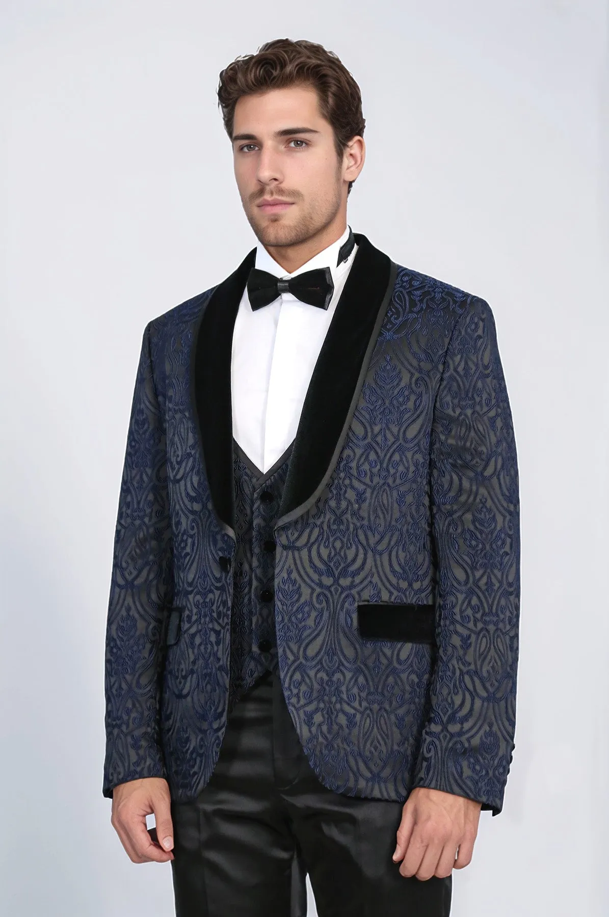 Baroque Patterned Velvet Shawl Collar Vested Navy Blue Tuxedo - Wessi sold by Wessi product image thumbnail 3
