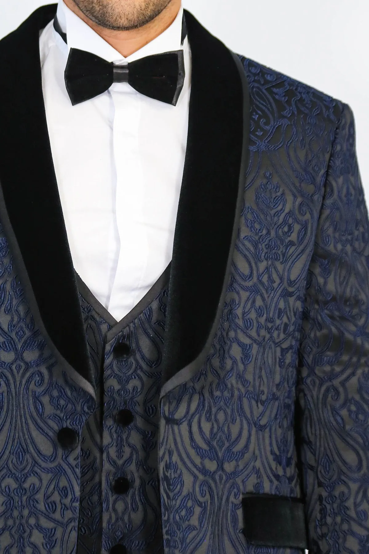 Baroque Patterned Velvet Shawl Collar Vested Navy Blue Tuxedo - Wessi sold by Wessi product image thumbnail 2