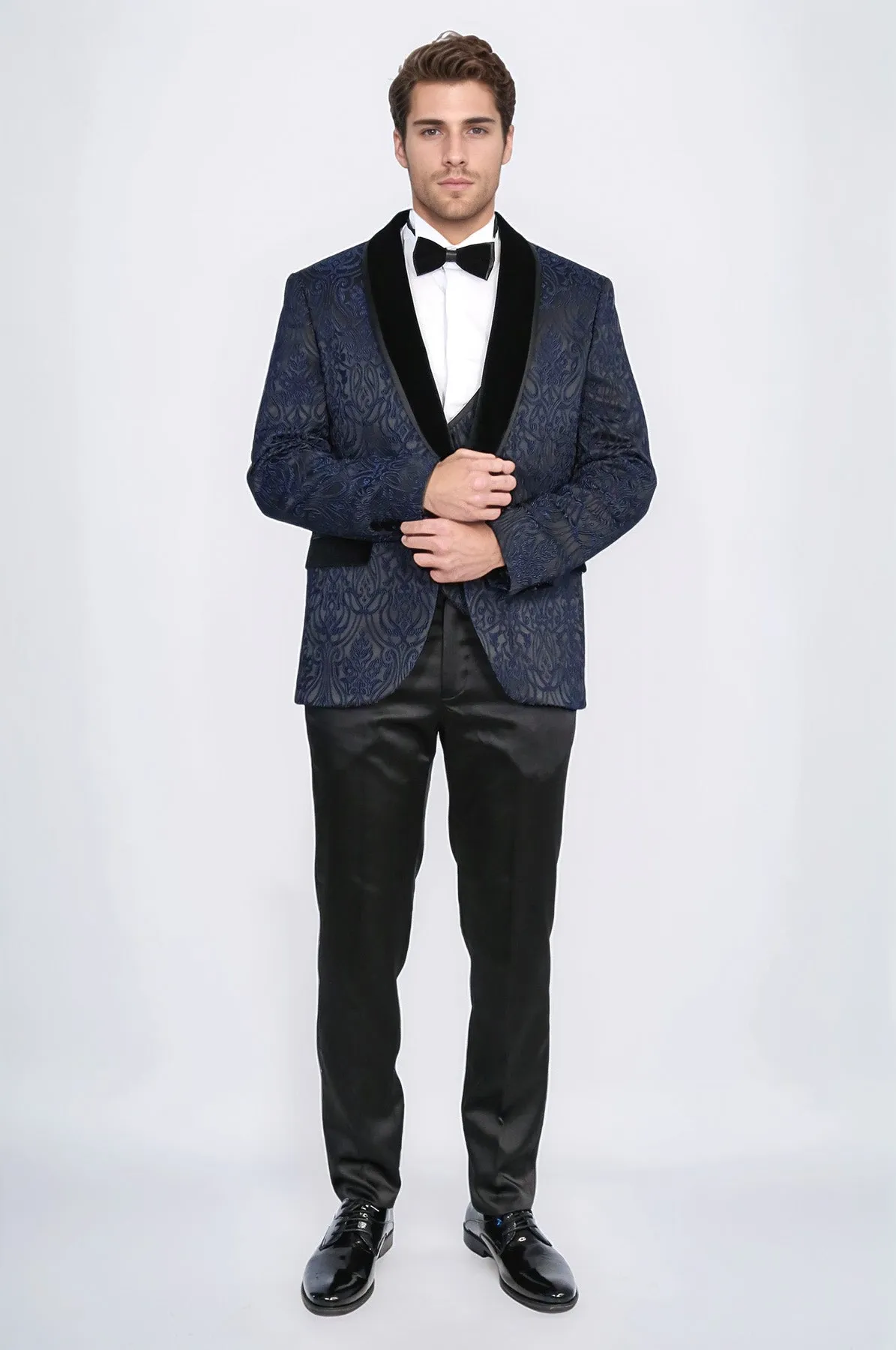 Baroque Patterned Velvet Shawl Collar Vested Navy Blue Tuxedo - Wessi sold by Wessi product image thumbnail 4