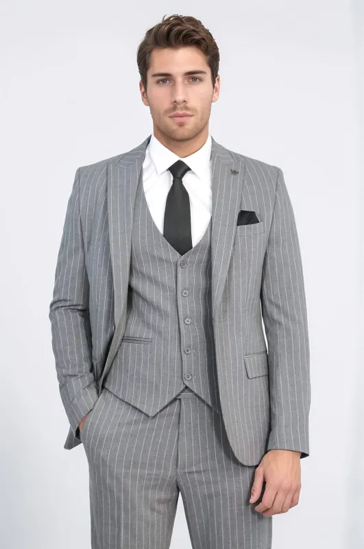 Striped Single Button with Vested Gray Mens Suit - Wessi sold by Wessi