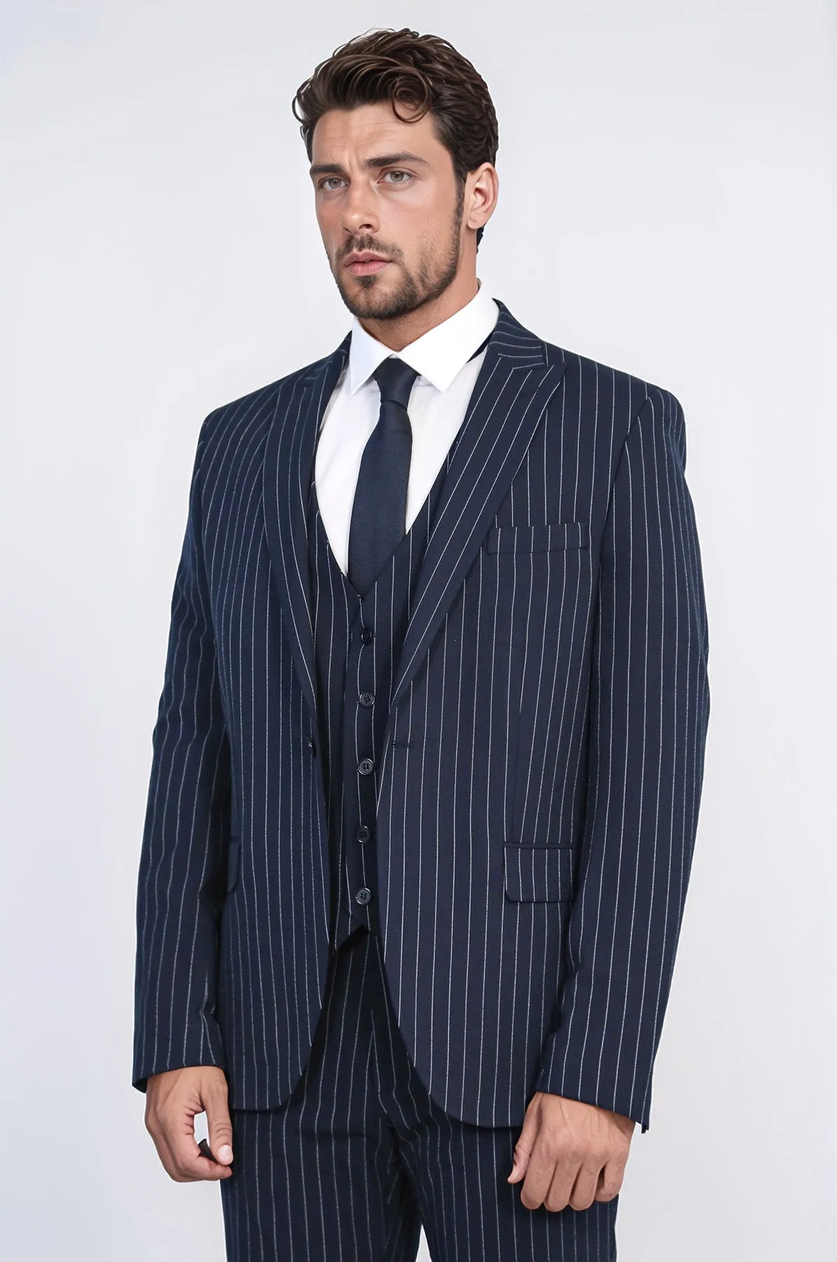 Striped Single Button with Vested Navy Blue Mens Suit - Wessi sold by Wessi product image thumbnail 4