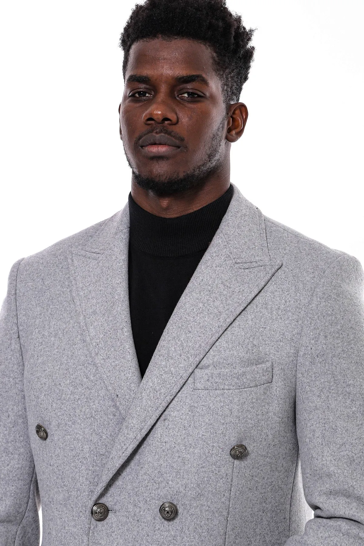 Grey Metal Buttoned Double Breasted Long Coat - Wessi sold by Wessi product image thumbnail 2