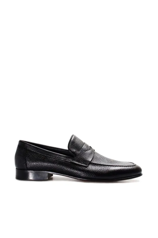 Men's Black Textured Leather Penny Loafers with Moc Toe - Wessi sold by Wessi