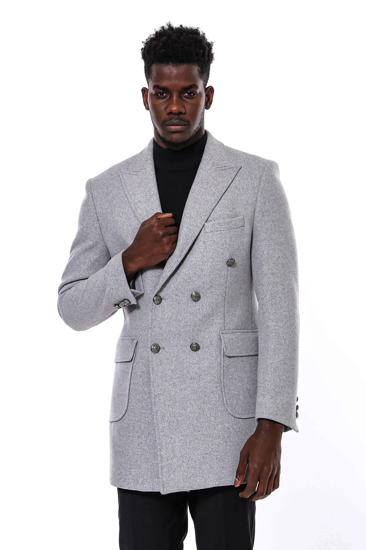 Grey Metal Buttoned Double Breasted Long Coat - Wessi sold by Wessi