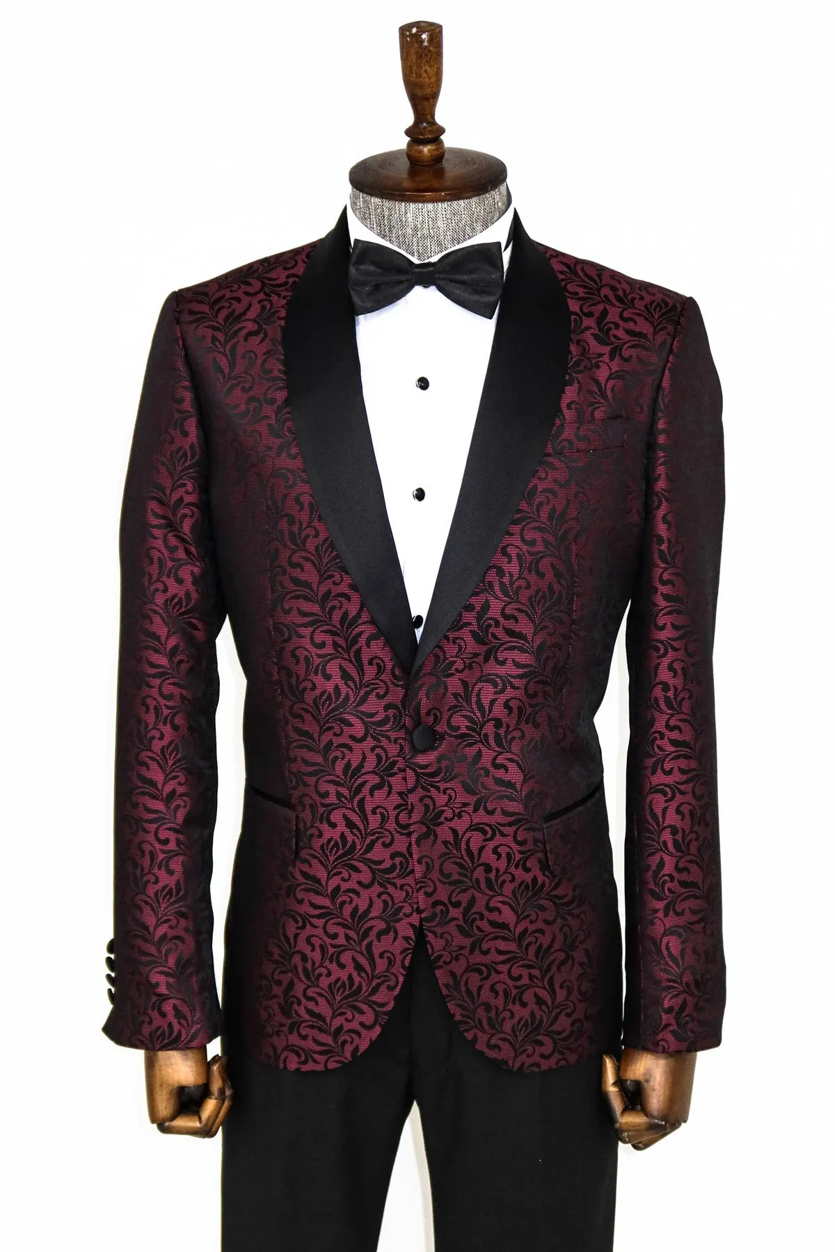 Shawl Lapel Floral Patterned Burgundy Men Wedding Tuxedo Blazer - Wessi sold by Wessi
