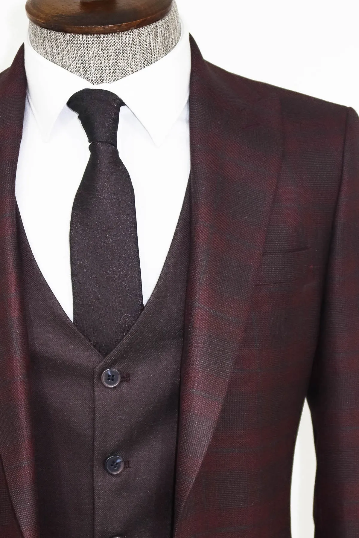 Slim Fit Checked Burgundy Men Suit - Wessi sold by Wessi product image thumbnail 2