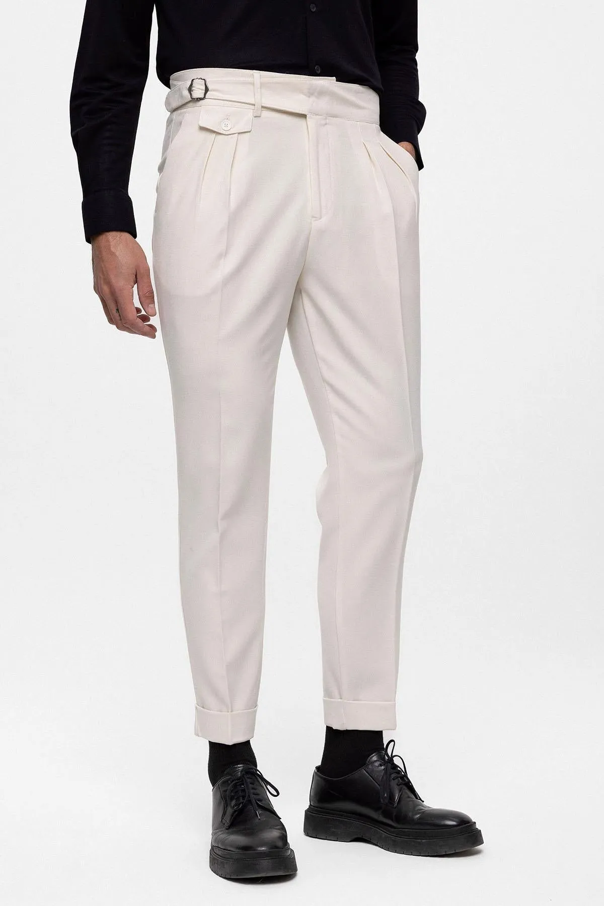 Men's Ecru High Waist (Boyfriend) Pleated Fabric Trousers With Buckle Belt - Wessi sold by Wessi product image thumbnail 4