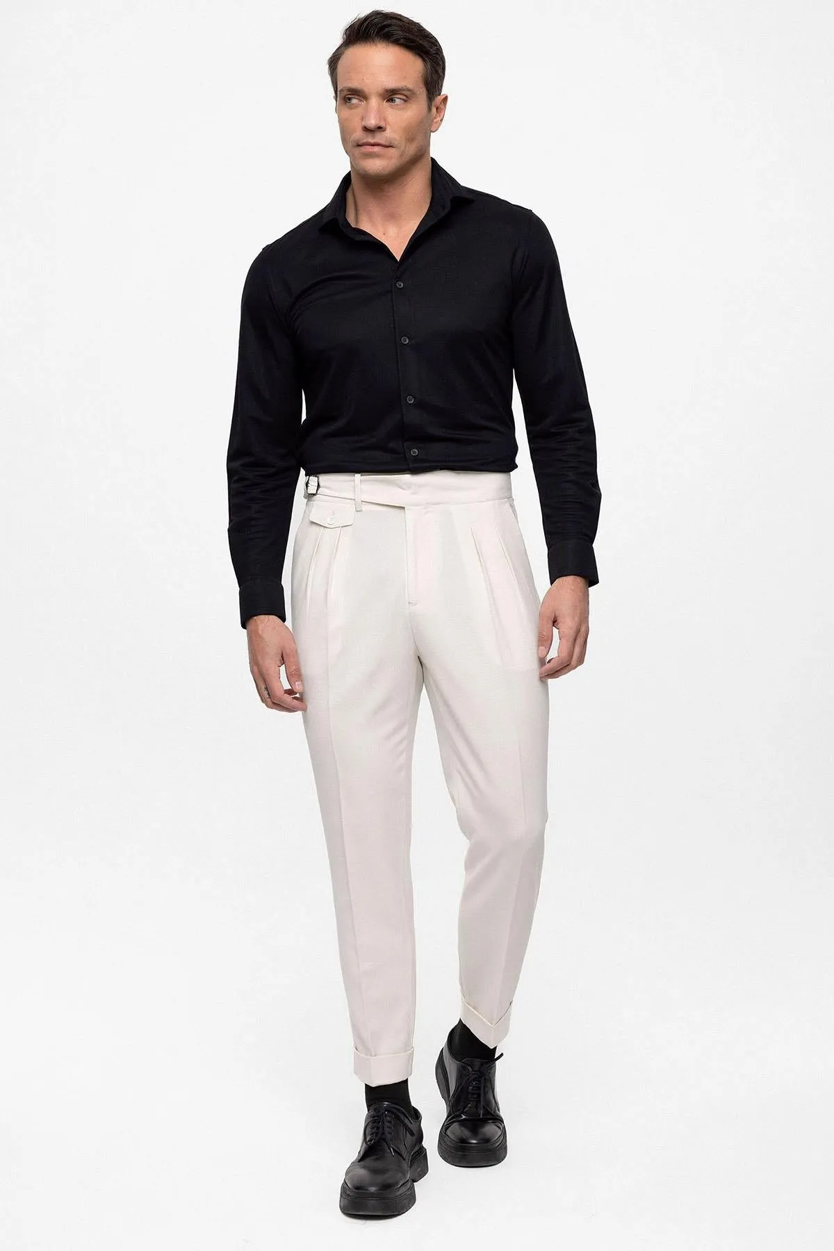Men's Ecru High Waist (Boyfriend) Pleated Fabric Trousers With Buckle Belt - Wessi sold by Wessi