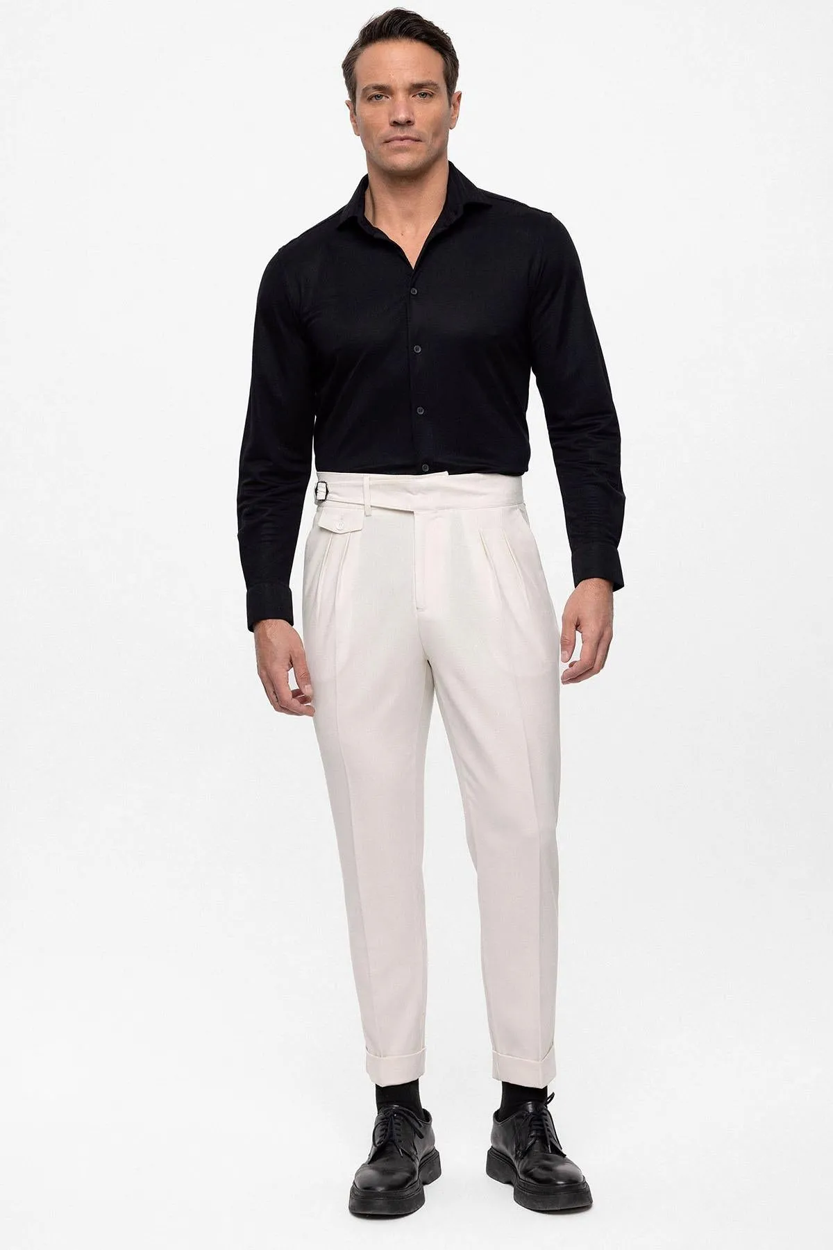 Men's Ecru High Waist (Boyfriend) Pleated Fabric Trousers With Buckle Belt - Wessi sold by Wessi product image thumbnail 2