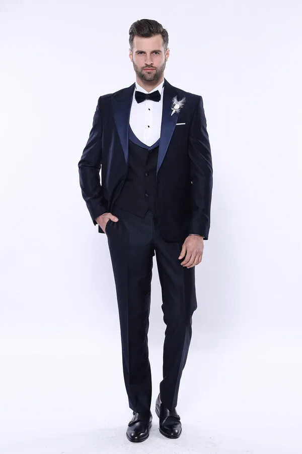Double Breasted Satin Lapel Navy Blue Men Tuxedo - Wessi sold by Wessi product image thumbnail 3