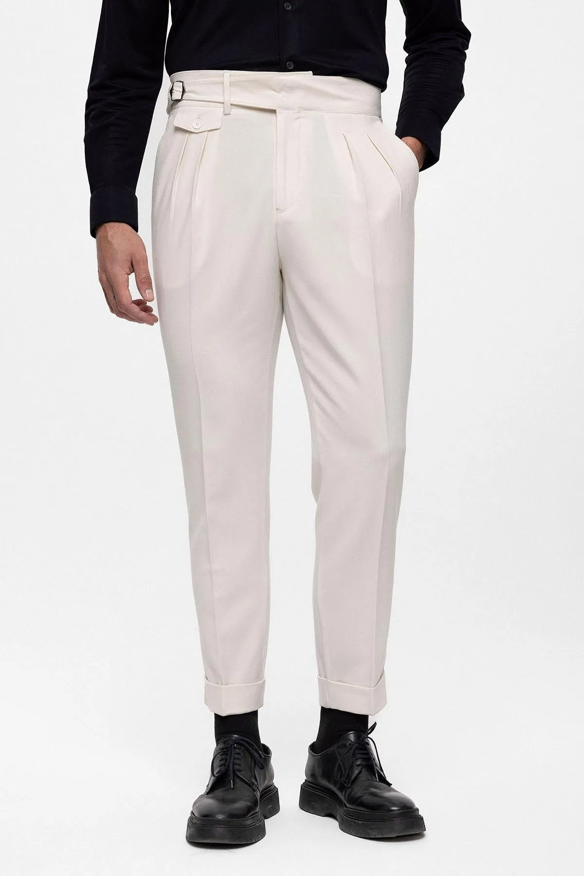 Men's Ecru High Waist (Boyfriend) Pleated Fabric Trousers With Buckle Belt - Wessi sold by Wessi product image thumbnail 3
