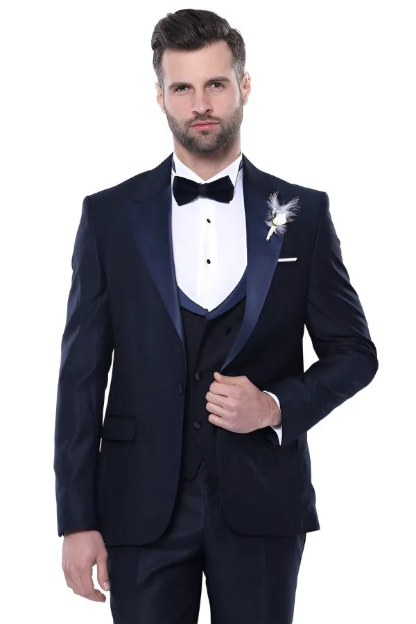 Double Breasted Satin Lapel Navy Blue Men Tuxedo - Wessi sold by Wessi