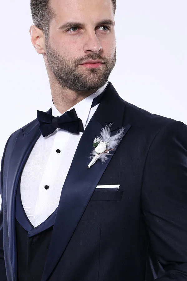 Double Breasted Satin Lapel Navy Blue Men Tuxedo - Wessi sold by Wessi product image thumbnail 2