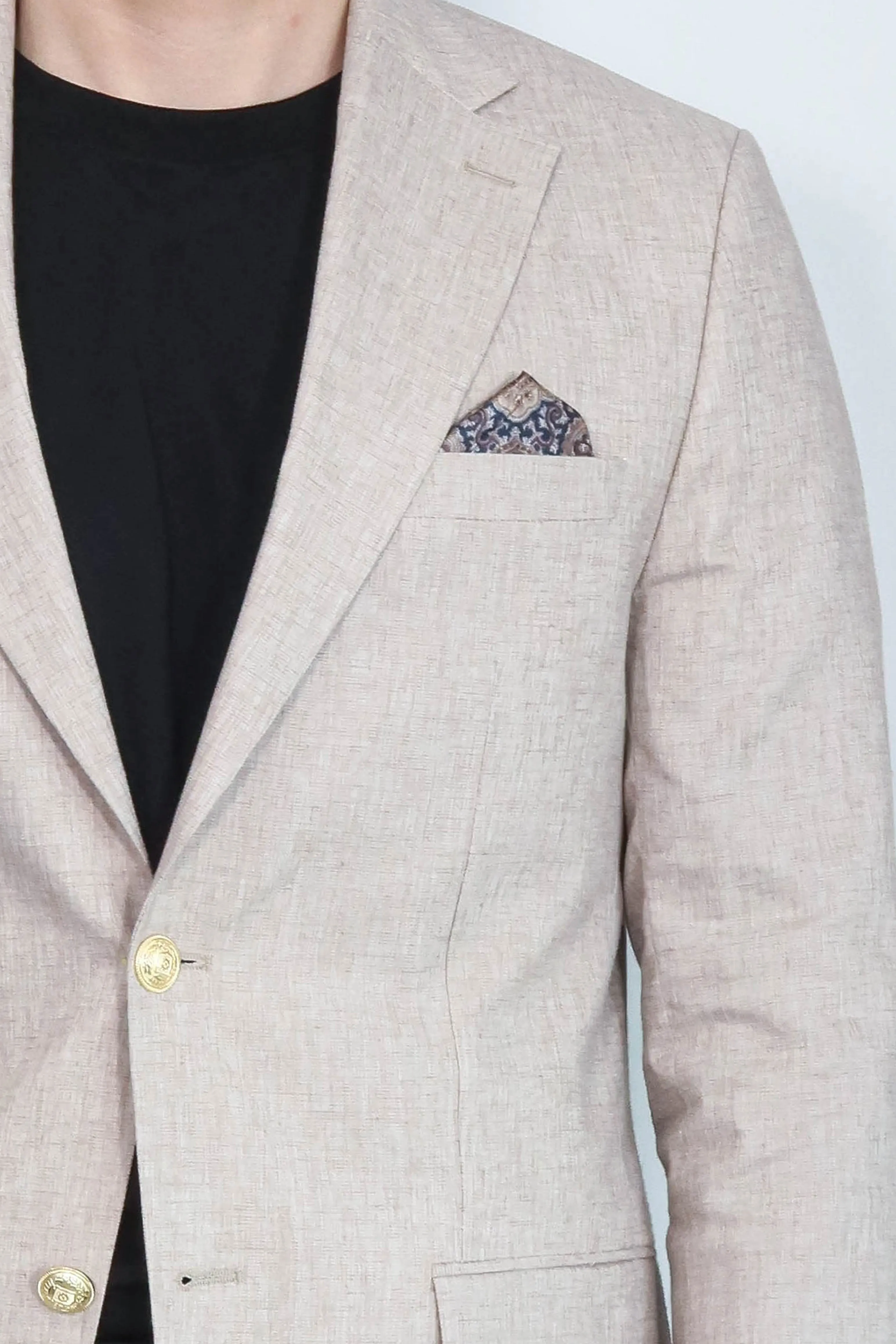 Beige Textured Linen-Feel Gold Metal Button Slim Fit Men's Blazer Jacket - Wessi sold by Wessi product image thumbnail 2