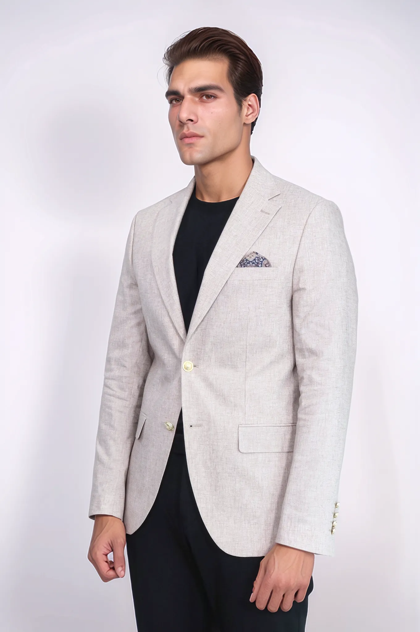 Beige Textured Linen-Feel Gold Metal Button Slim Fit Men's Blazer Jacket - Wessi sold by Wessi product image thumbnail 3