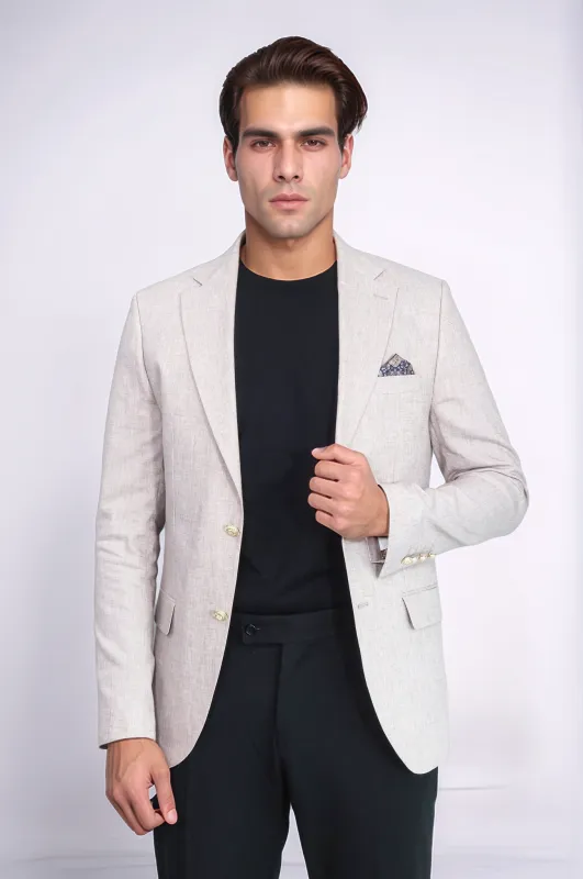 Beige Textured Linen-Feel Gold Metal Button Slim Fit Men's Blazer Jacket - Wessi made by Wessi