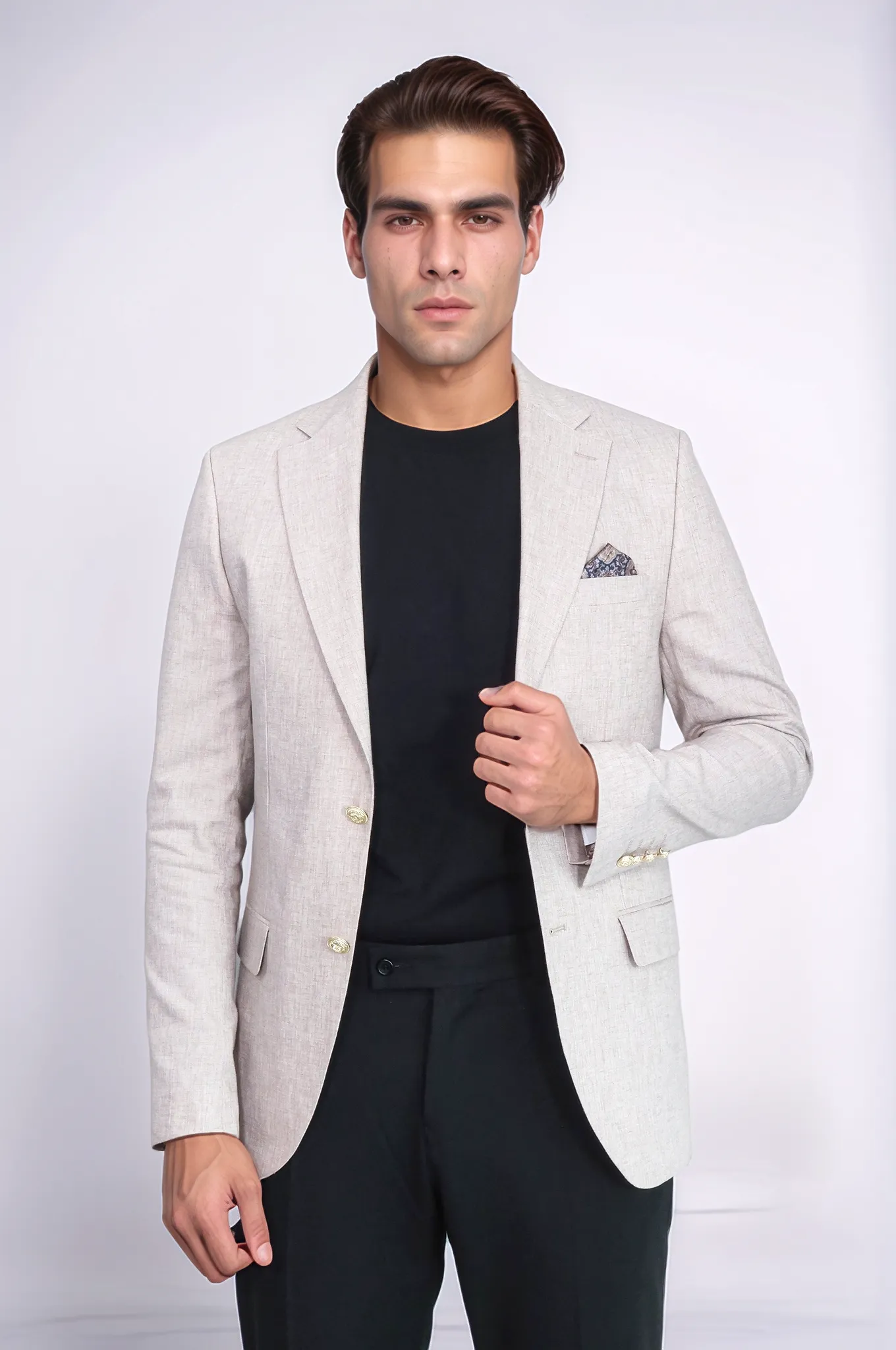 Beige Textured Linen-Feel Gold Metal Button Slim Fit Men's Blazer Jacket - Wessi sold by Wessi