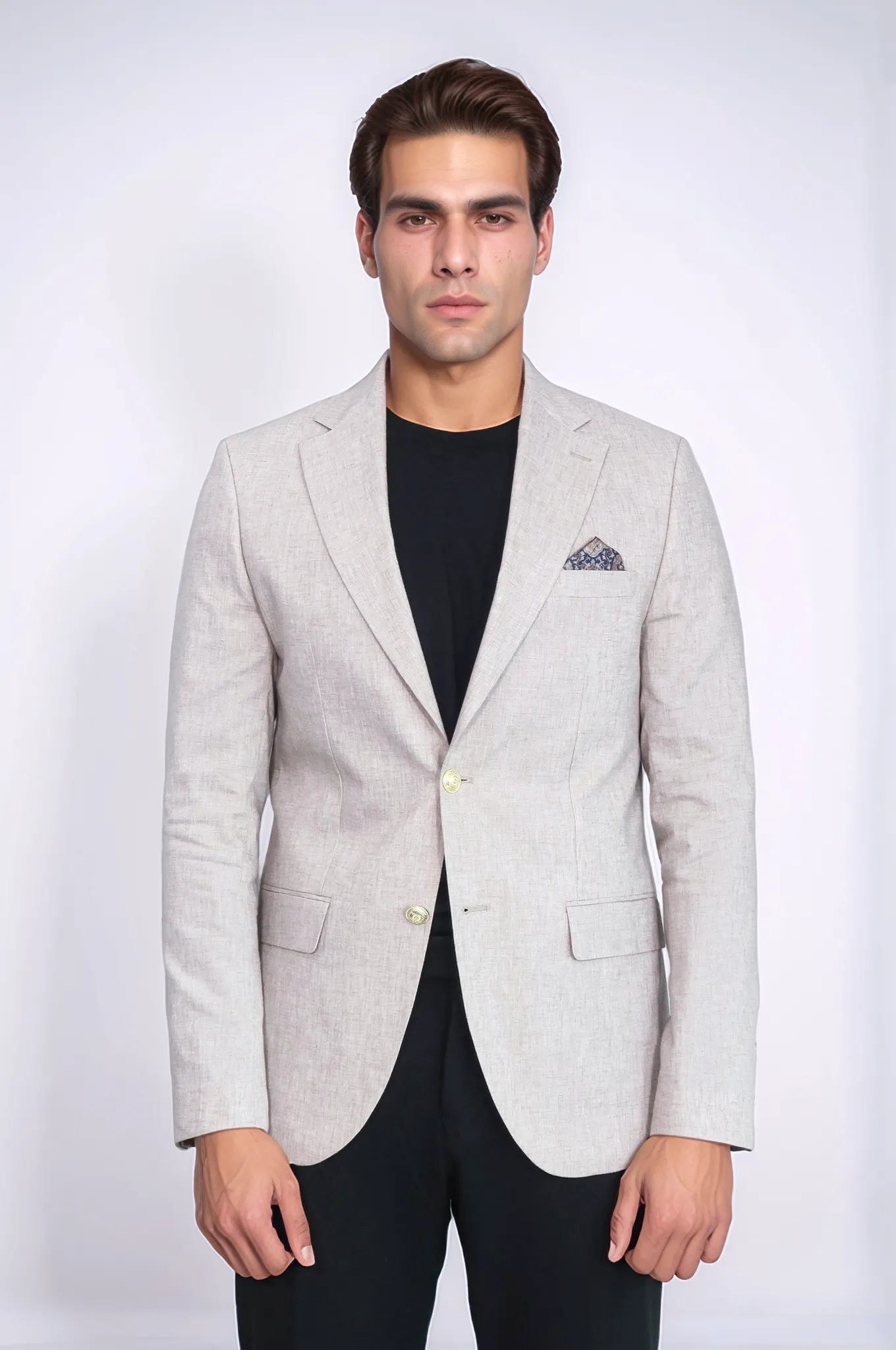 Beige Textured Linen-Feel Gold Metal Button Slim Fit Men's Blazer Jacket - Wessi sold by Wessi product image thumbnail 4
