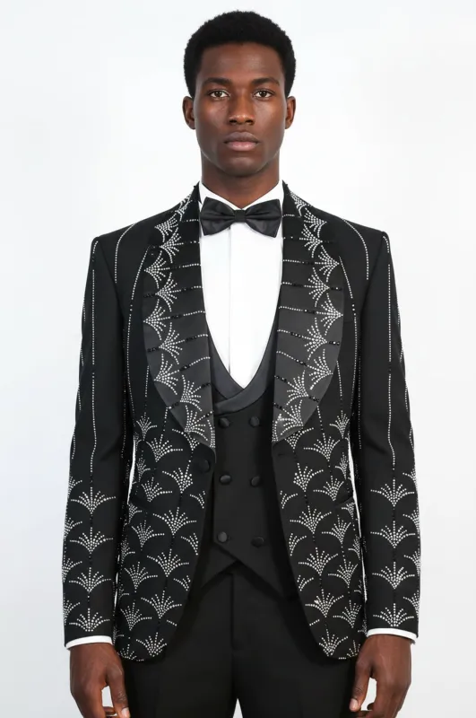Men's Black Shawl Lapel 3-Piece Tuxedo Suit with Silver Sunburst Rhinestone Pattern - Wessi made by Wessi
