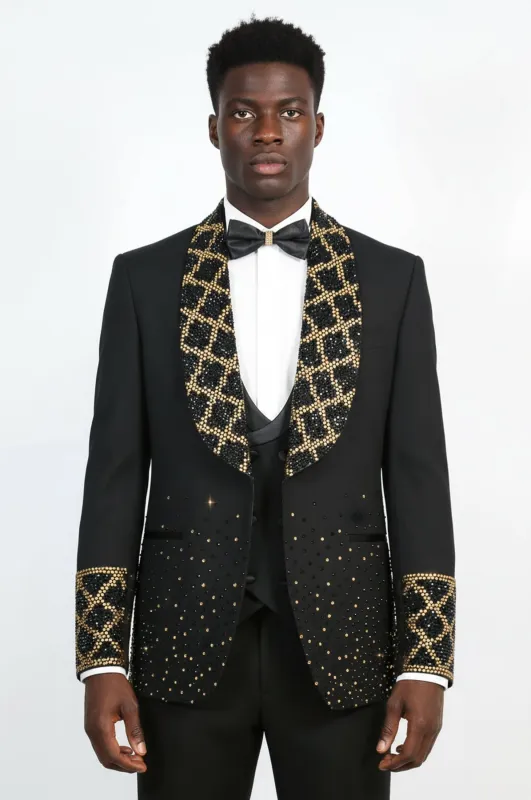 Men's Black Shawl Lapel 3-Piece Tuxedo Suit with Gold Honeycomb Rhinestone Pattern - Wessi made by Wessi