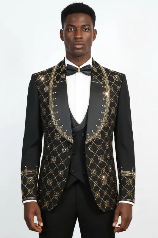 Men's Black Shawl Lapel 3-Piece Tuxedo Suit with Gold Geometric Rhinestone Pattern - Wessi made by Wessi